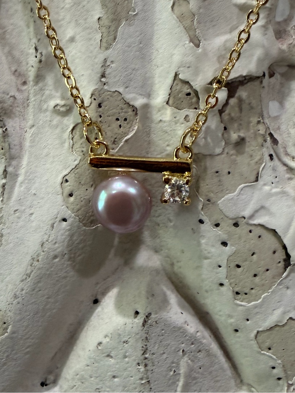 Freshwater Purple Pearl with CZ Accent Bar Necklace 16”- 18” Gold Plated